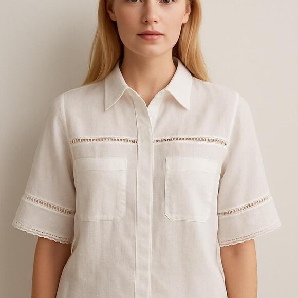 Ellen Tracy Tops - Ellen Tracy Linen Short Sleeve Button Down Blouse White XS